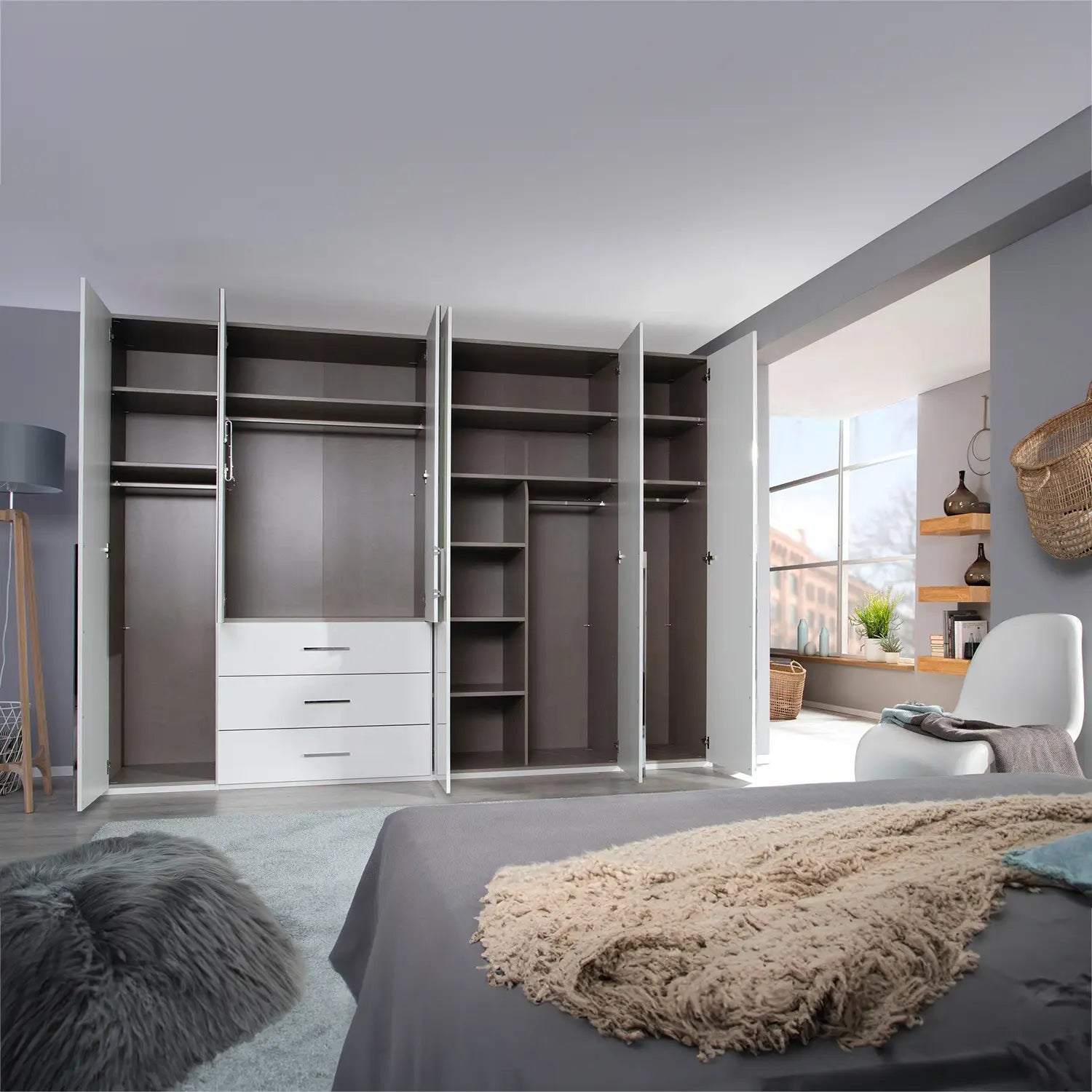 Rauch Montclar Large White High Gloss 6 Door Wardrobe with Drawers and Mirror, Dimensions: Width 301cm Height 223cm and Depth 60cm, Comes With Free Delivery and Assembly  - Open Doors View