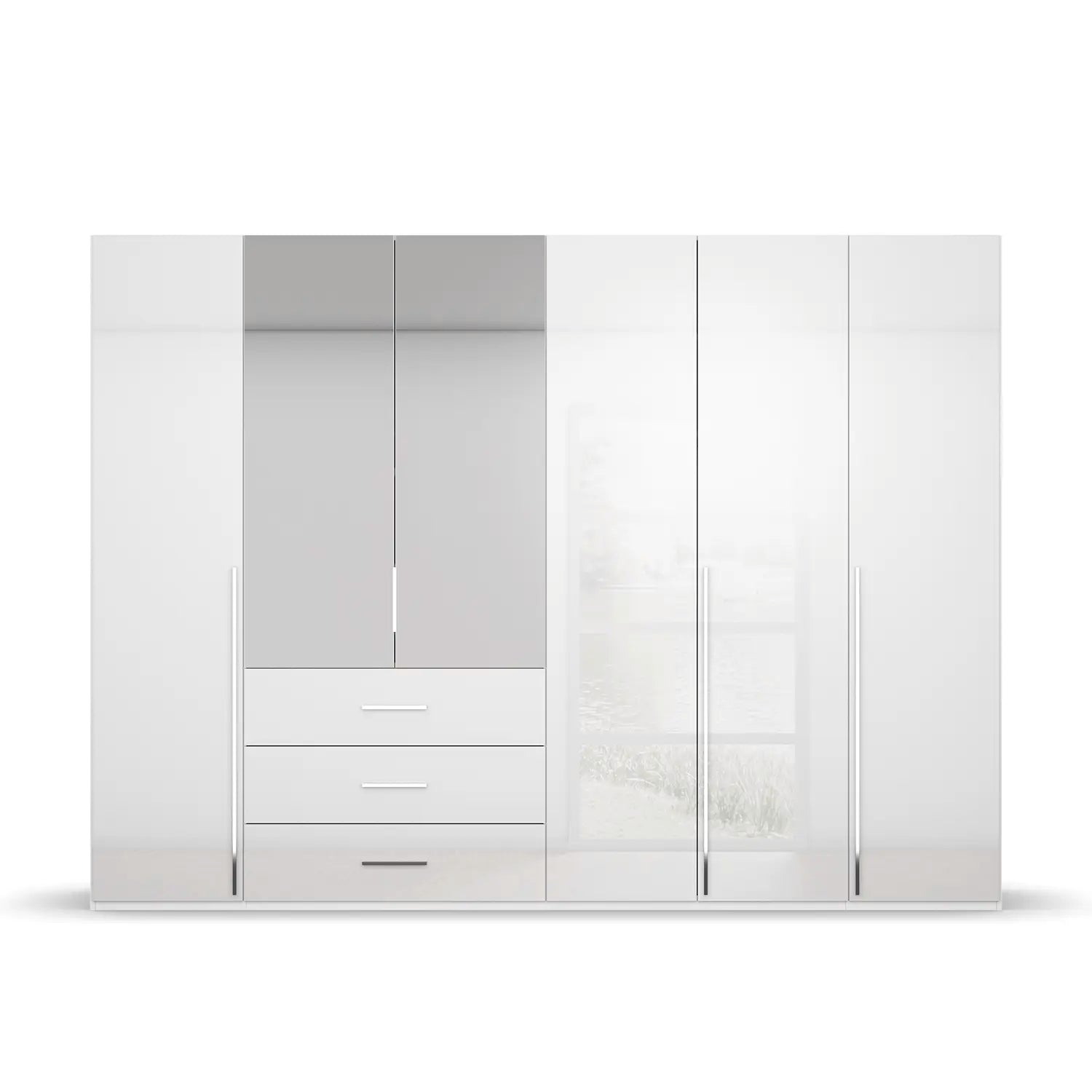 Rauch Montclar Large White High Gloss 6 Door Wardrobe with Drawers and Mirror, Dimensions: Width 301cm Height 223cm and Depth 60cm, Comes With Free Delivery and Assembly - Front View