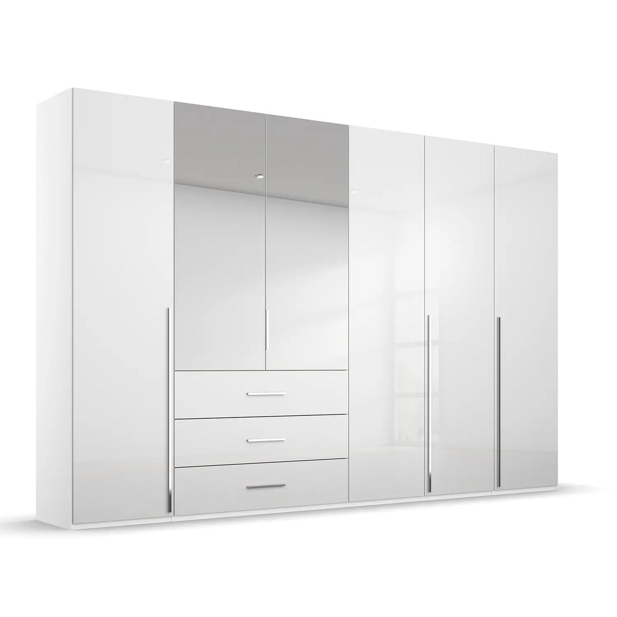 Rauch Montclar Large White High Gloss 6 Door Wardrobe with Drawers and Mirror, Dimensions: Width 301cm Height 223cm and Depth 60cm, Comes With Free Delivery and Assembly - Side View