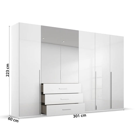 Rauch Montclar Large White High Gloss 6 Door Wardrobe with Drawers and Mirror, Dimensions: Width 301cm Height 223cm and Depth 60cm, Comes With Free Delivery and Assembly - Dimensions 