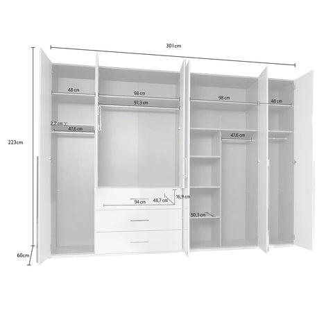 Rauch Montclar Large White High Gloss 6 Door Wardrobe with Drawers and Mirror, Dimensions: Width 301cm Height 223cm and Depth 60cm, Comes With Free Delivery and Assembly - All Dimensions and Sizes