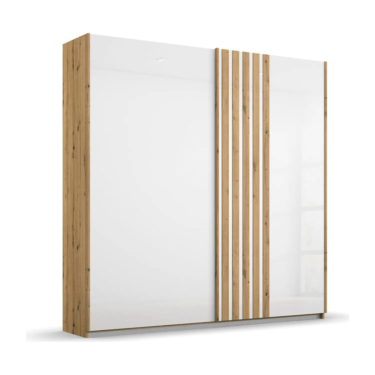 Rauch Mosbach White Glass Sliding Door Wardrobe, Carcase Artisan Oak, Front White Glass and Panels Design on the door, Width 181 Height 210 Depth 54cm