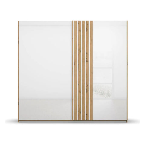 Rauch Mosbach White Glass Sliding Door Wardrobe, Carcase Artisan Oak, Front White Glass with Vertical wooden panels in oak on the door W226 Height 210 Depth 54cm - Front 