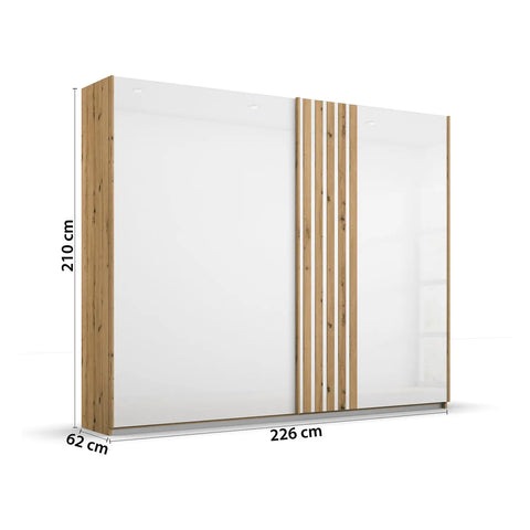 Rauch Mosbach White Glass Sliding Door Wardrobe, Carcase Artisan Oak, Front White Glass with Vertical wooden panels in oak on the door W226 Height 210 Depth 54cm - Dimensions