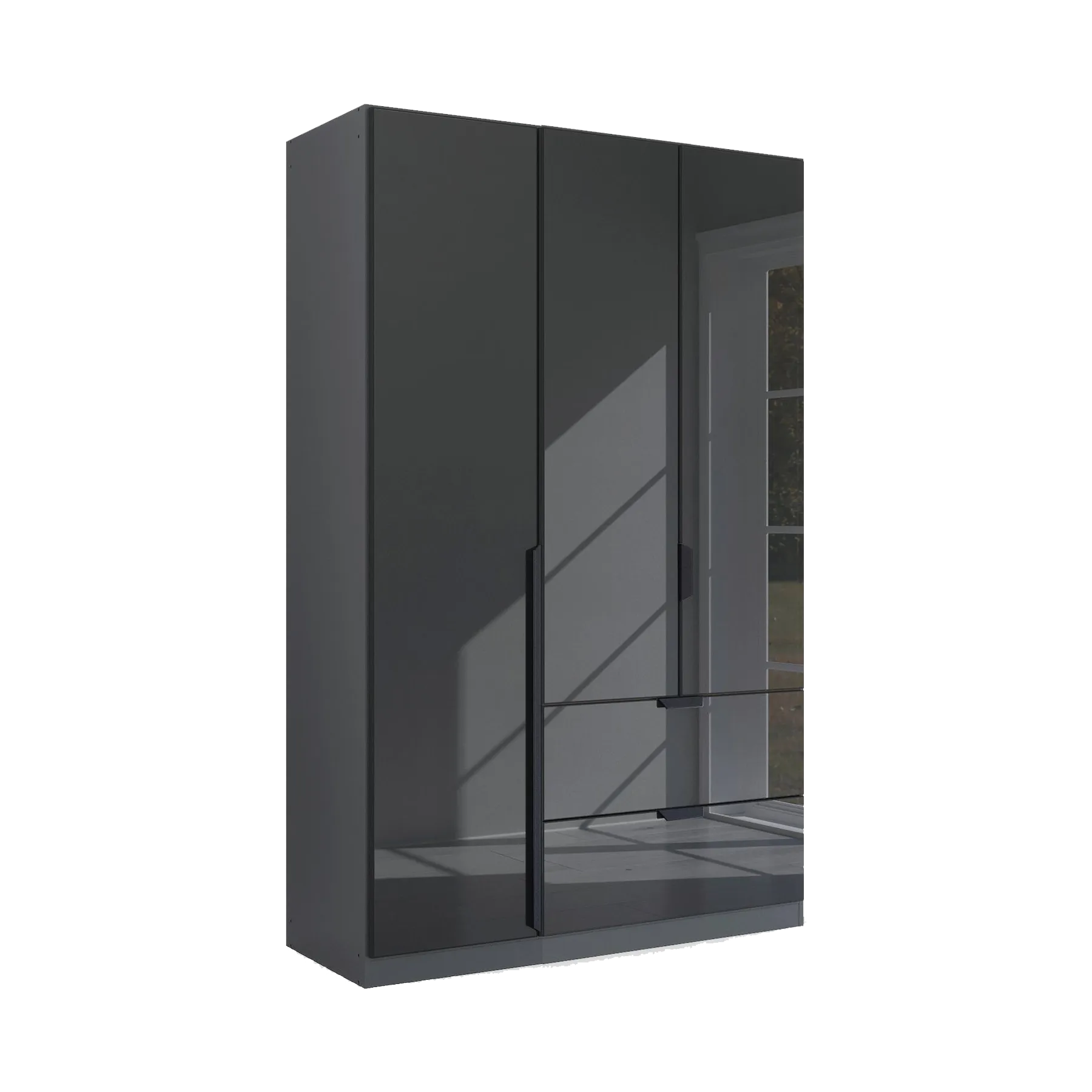 Mulheim 3 Door Basalt Glass Wardrobe with Drawers and Mirror