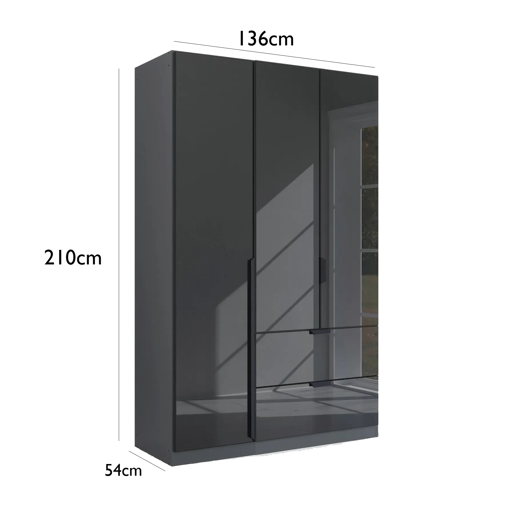 Mulheim 3 Door Basalt Glass Wardrobe with Drawers and Mirror