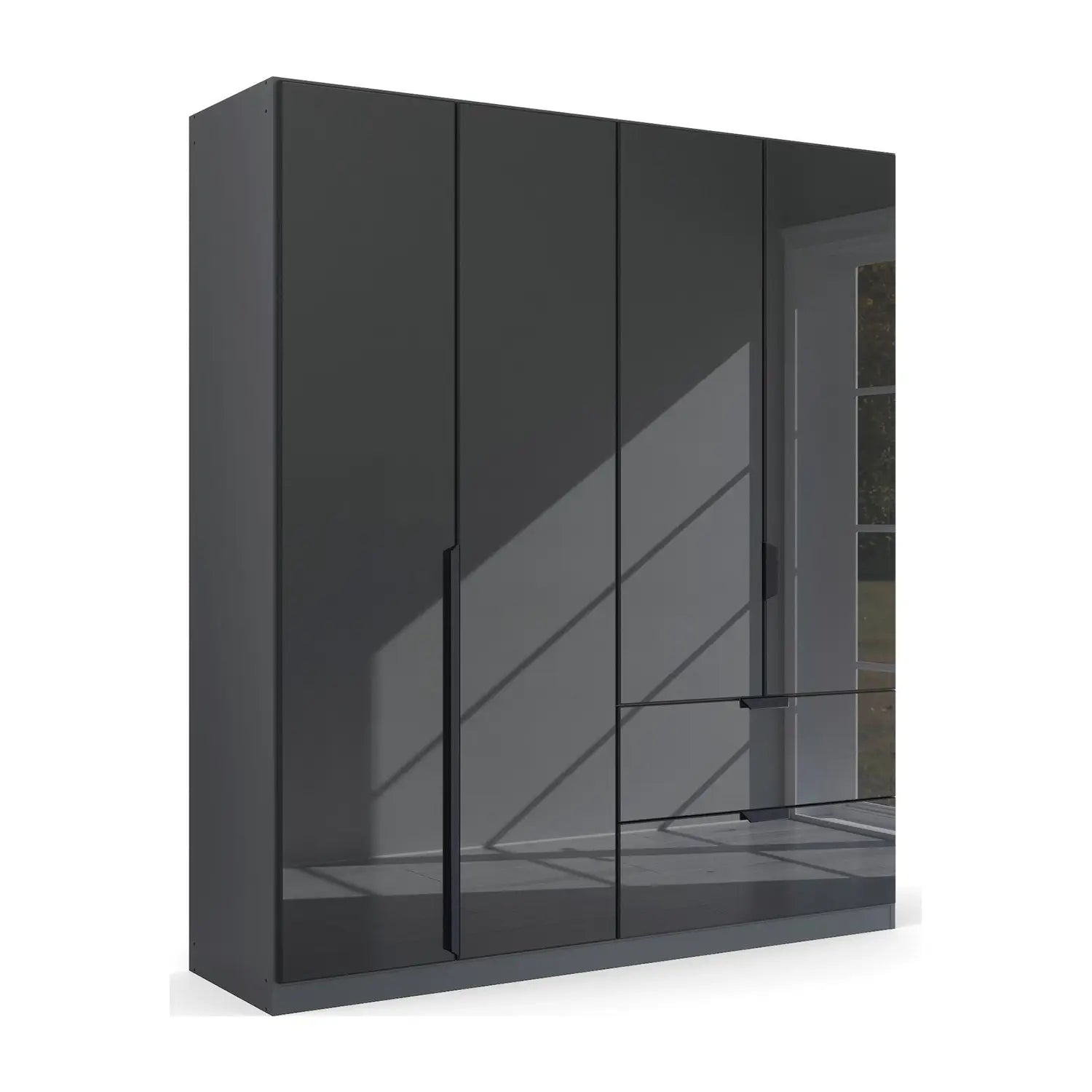 Mulheim 4 Door Basalt Glass Wardrobe with Drawers and Mirror