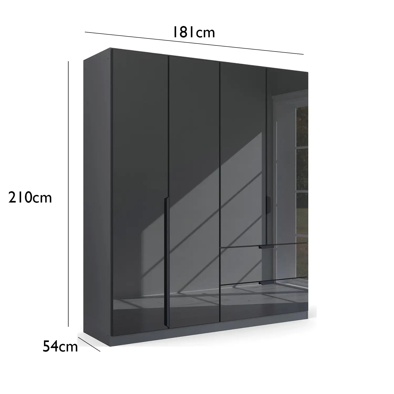 Mulheim 4 Door Basalt Glass Wardrobe with Drawers and Mirror