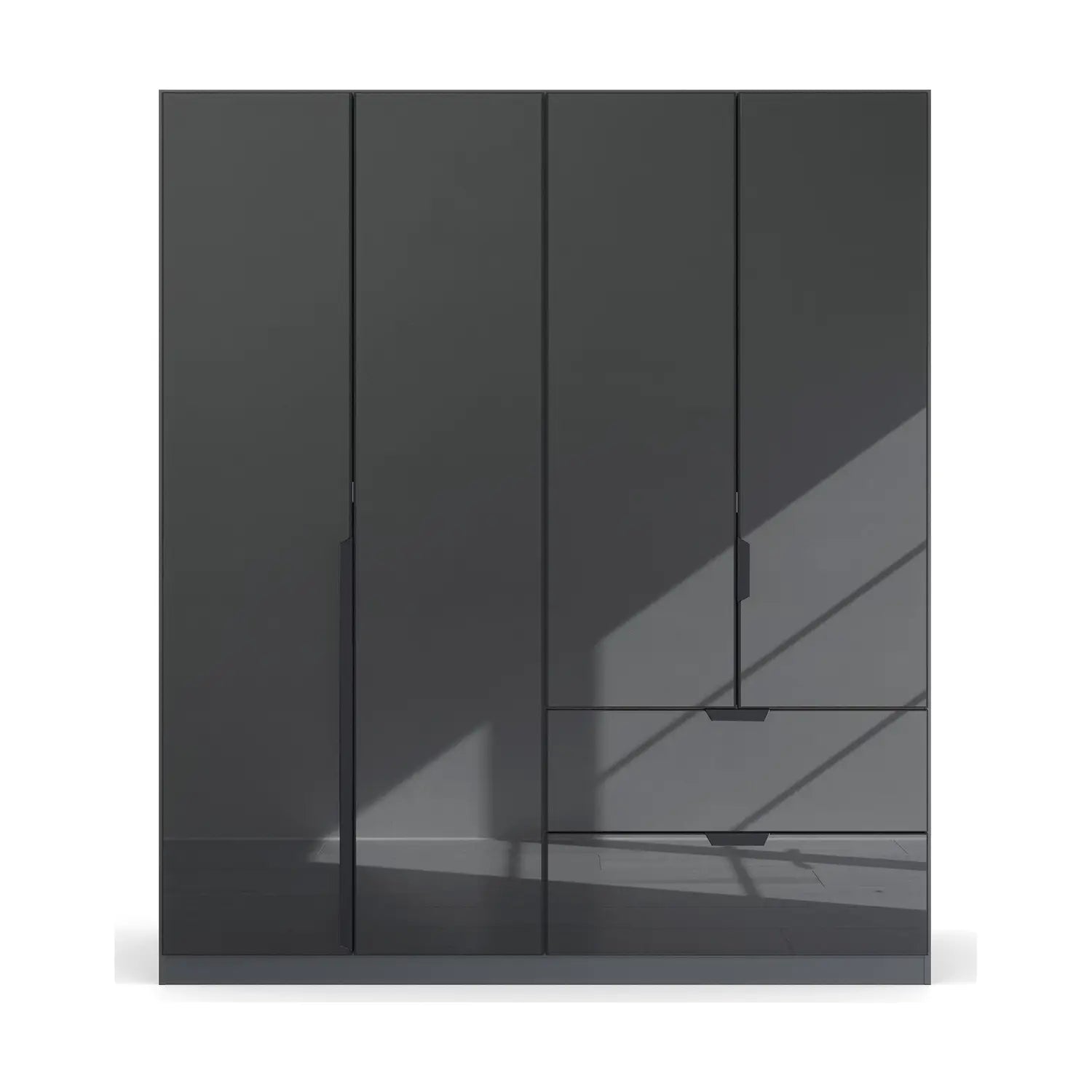 Mulheim 4 Door Basalt Glass Wardrobe with Drawers and Mirror