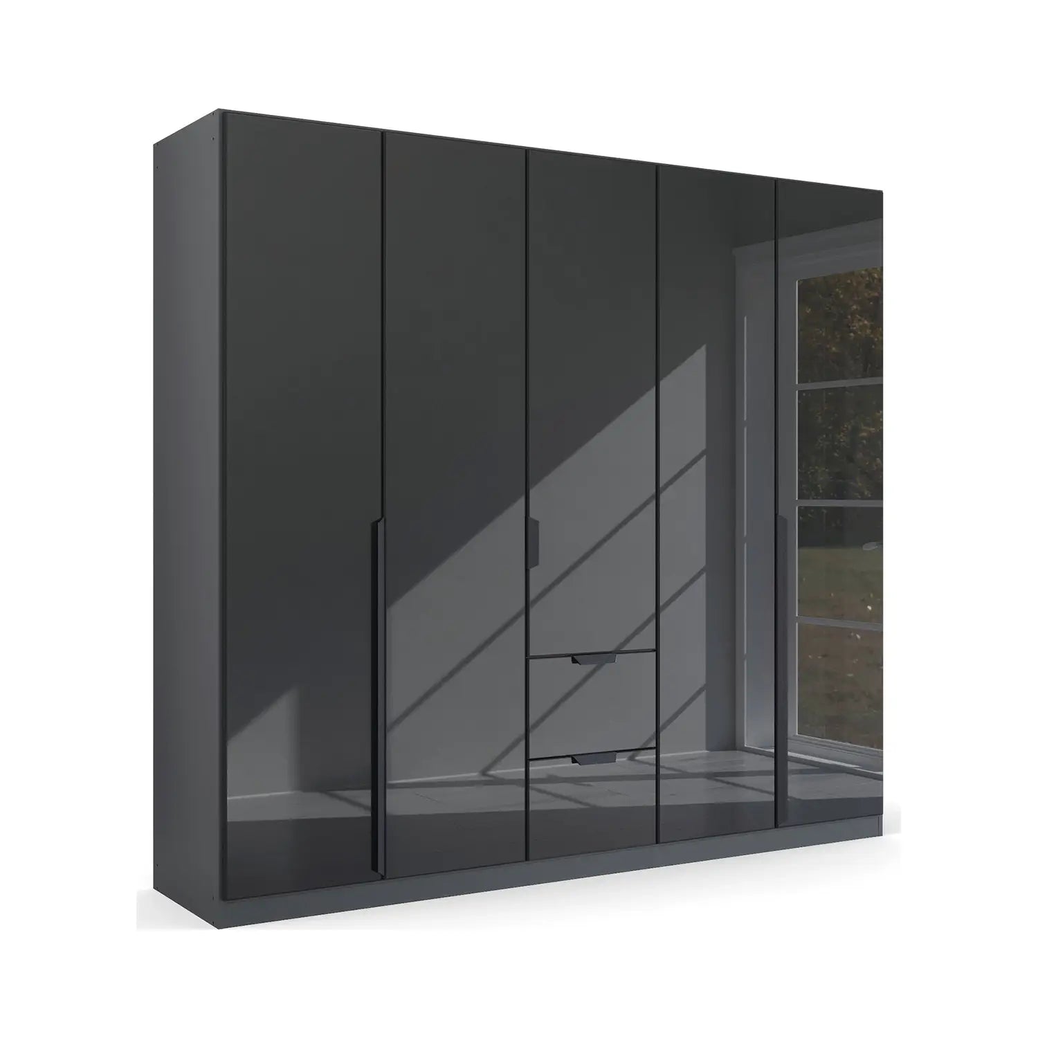 Mulheim 5 Door Basalt Glass Wardrobe with Mirror and Drawers