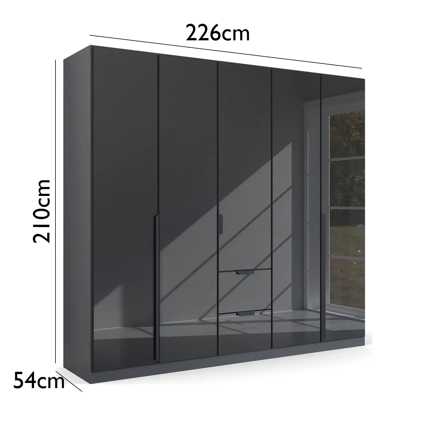 Mulheim 5 Door Basalt Glass Wardrobe with Mirror and Drawers