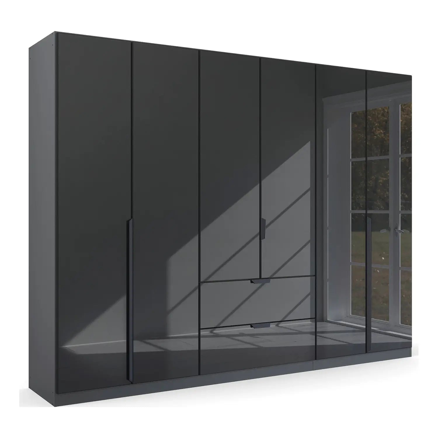 Mulheim 6 Door Basalt Glass Wardrobe with Mirror and Drawers