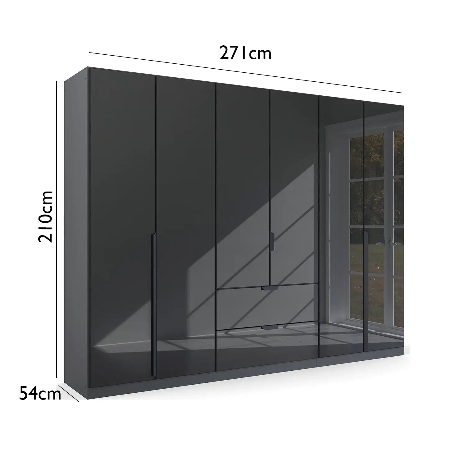 Mulheim 6 Door Basalt Glass Wardrobe with Mirror and Drawers