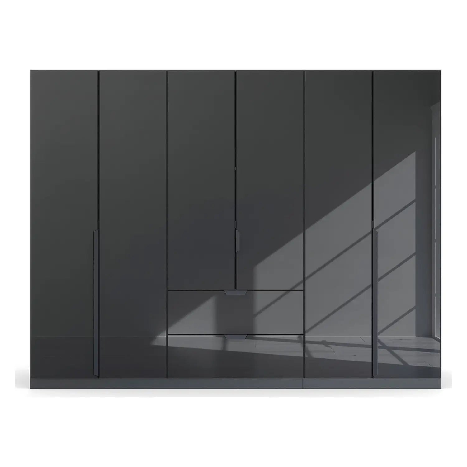 Mulheim 6 Door Basalt Glass Wardrobe with Mirror and Drawers