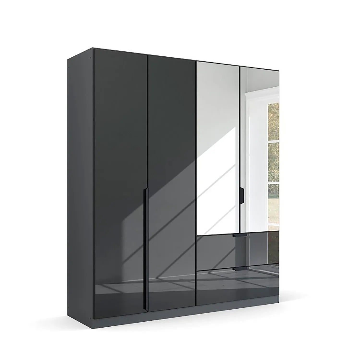 Mulheim 4 Door Basalt Glass Wardrobe with Drawers and Mirror