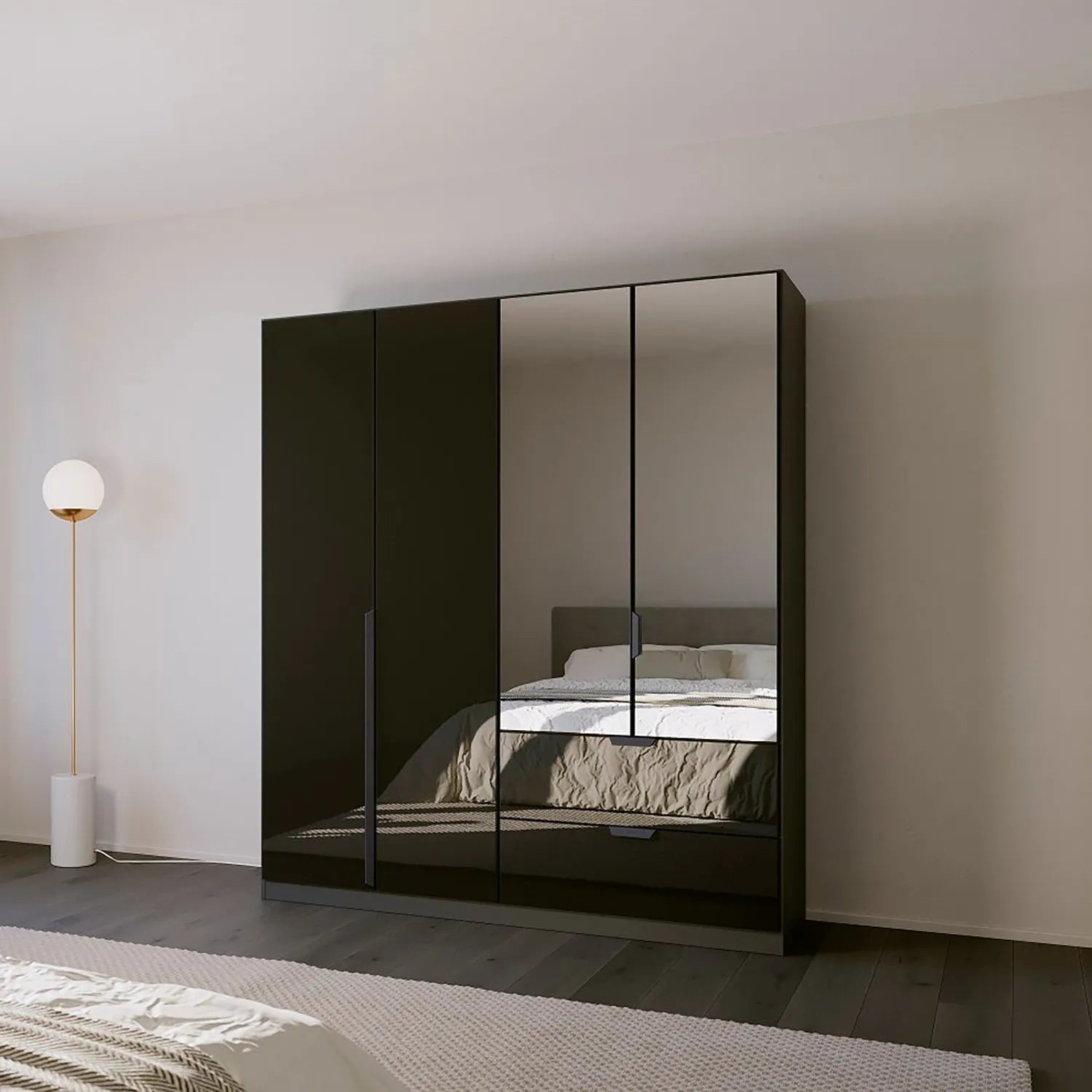 Mulheim 4 Door Basalt Glass Wardrobe with Drawers and Mirror