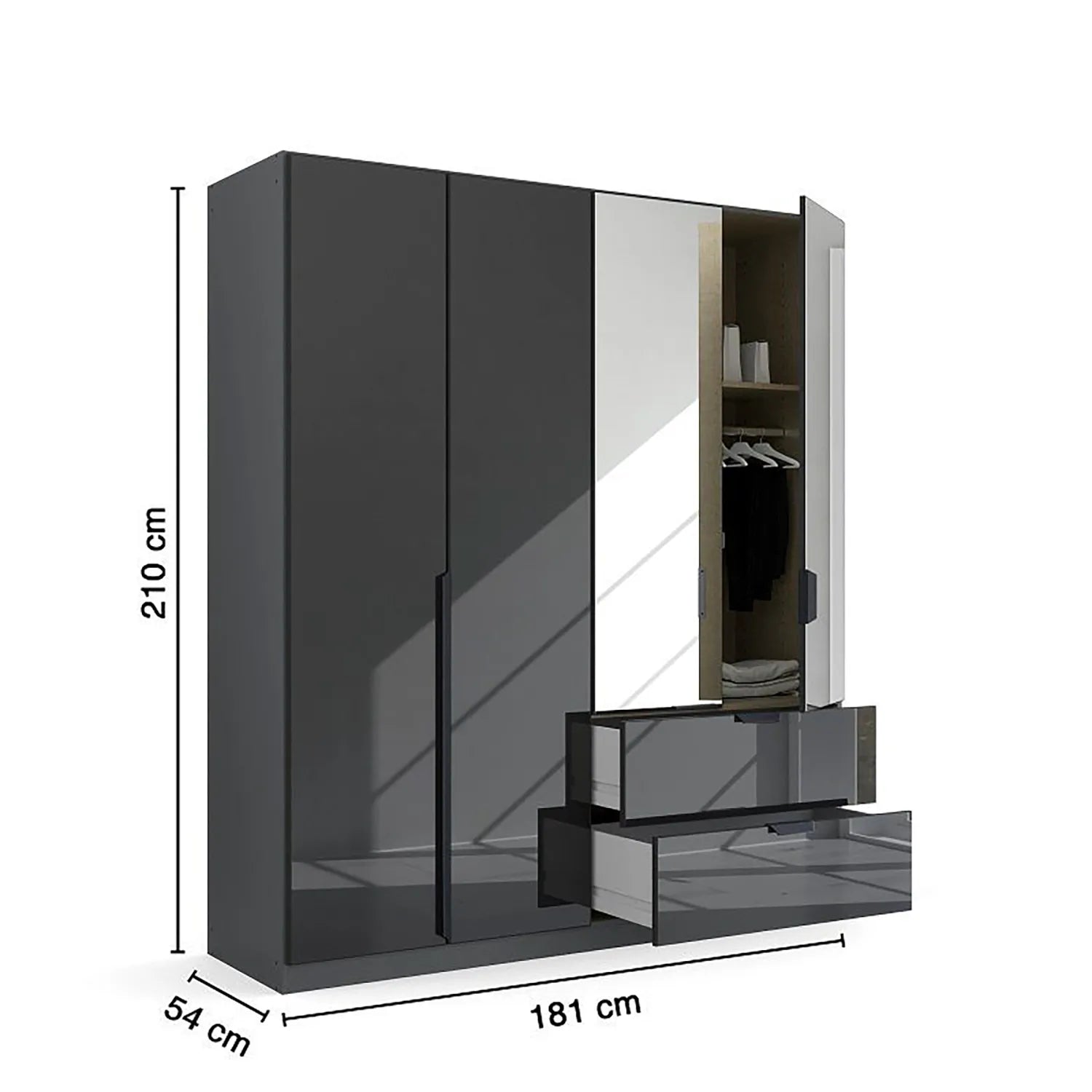 Mulheim 4 Door Basalt Glass Wardrobe with Drawers and Mirror