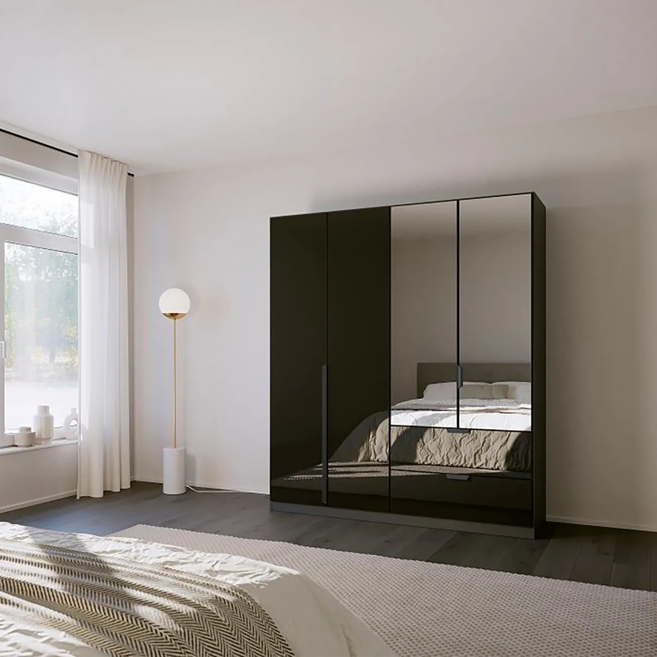 Mulheim 4 Door Basalt Glass Wardrobe with Drawers and Mirror