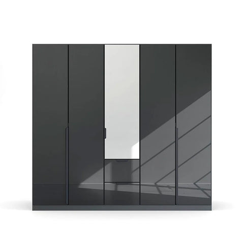 Mulheim 5 Door Basalt Glass Wardrobe with Mirror and Drawers - Front View