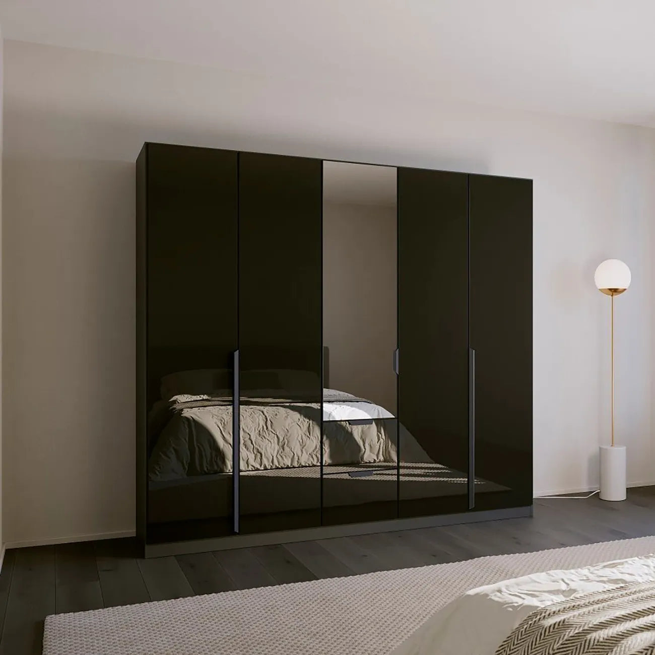 Mulheim 5 Door Basalt Glass Wardrobe with Mirror and Drawers