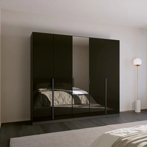 Mulheim 5 Door Basalt Glass Wardrobe with Mirror and Drawers - Lifestyle