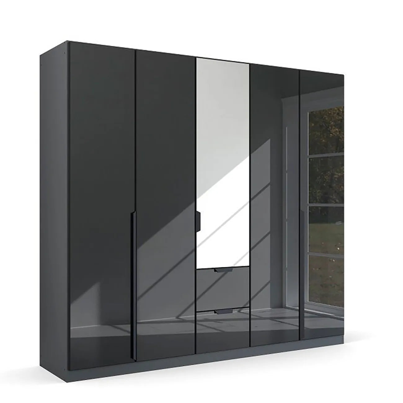 Mulheim 5 Door Basalt Glass Wardrobe with Mirror and Drawers