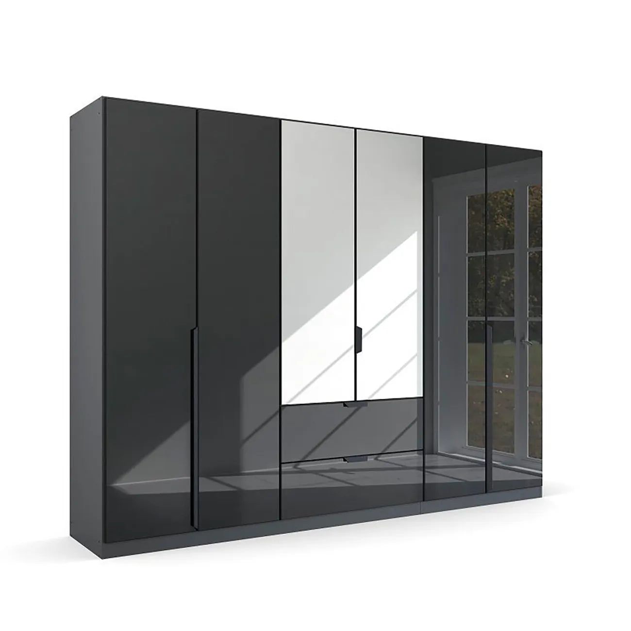 Mulheim 6 Door Basalt Glass Wardrobe with Mirror and Drawers