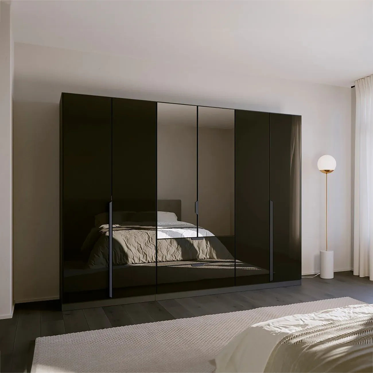 Mulheim 6 Door Basalt Glass Wardrobe with Mirror and Drawers