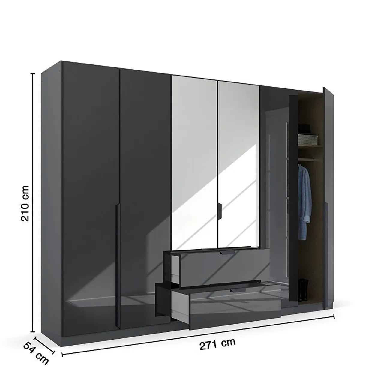 Mulheim 6 Door Basalt Glass Wardrobe with Mirror and Drawers