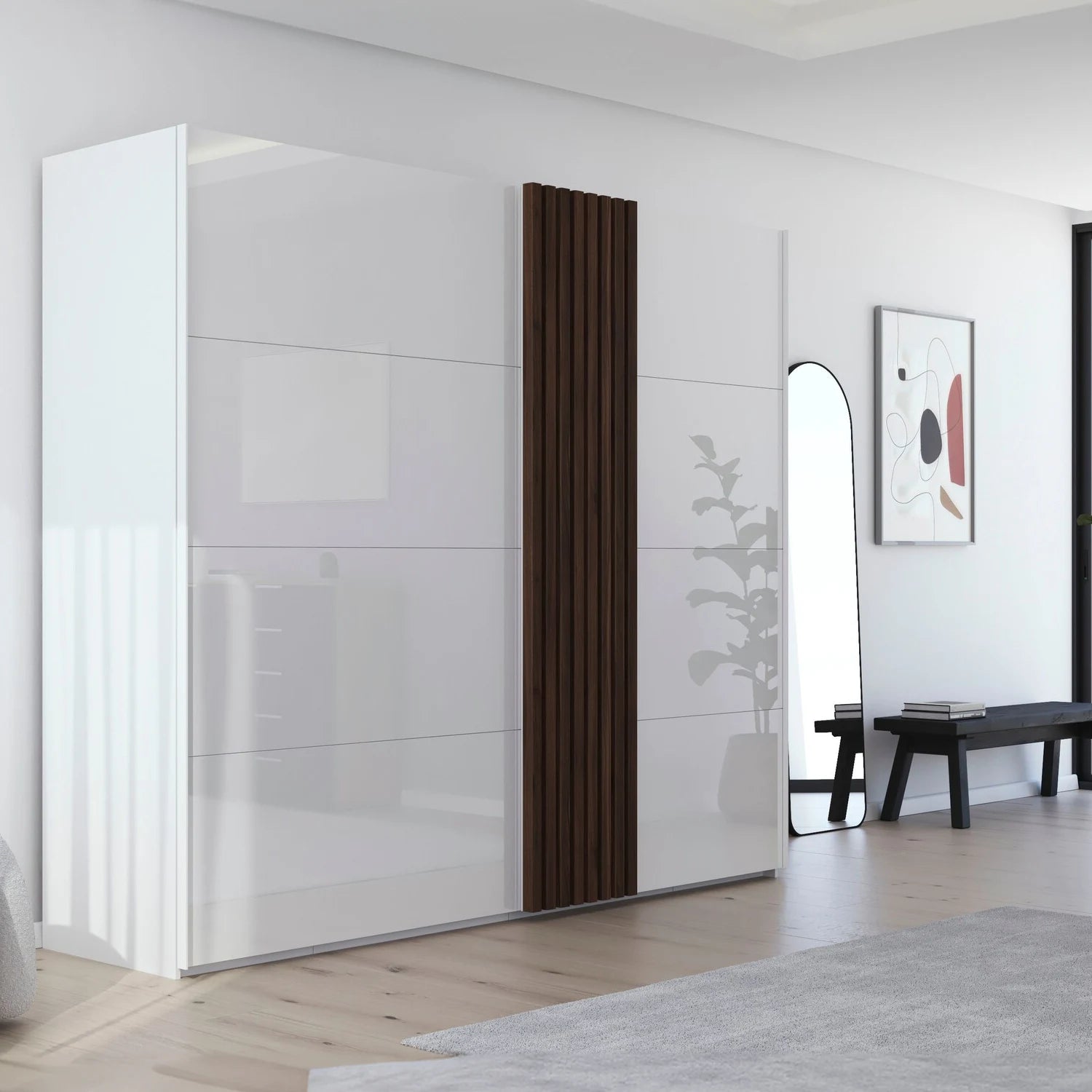 Rauch Tegio F White Glass and Walnut Oak Sliding Door Wardrobe