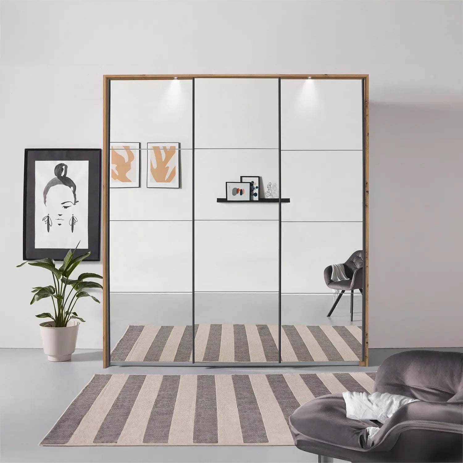 Rauch Prism Artisan Oak 3 Door Full Mirror Sliding Wardrobe - 203cm