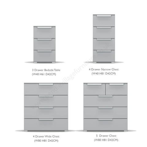 Rauch Purisma Bedroom Furniture, 3 Drawer Bedside Table, 4 Drawer Narrow Chest, 4 Drawer Wide Chest, 5 Drawer Chest