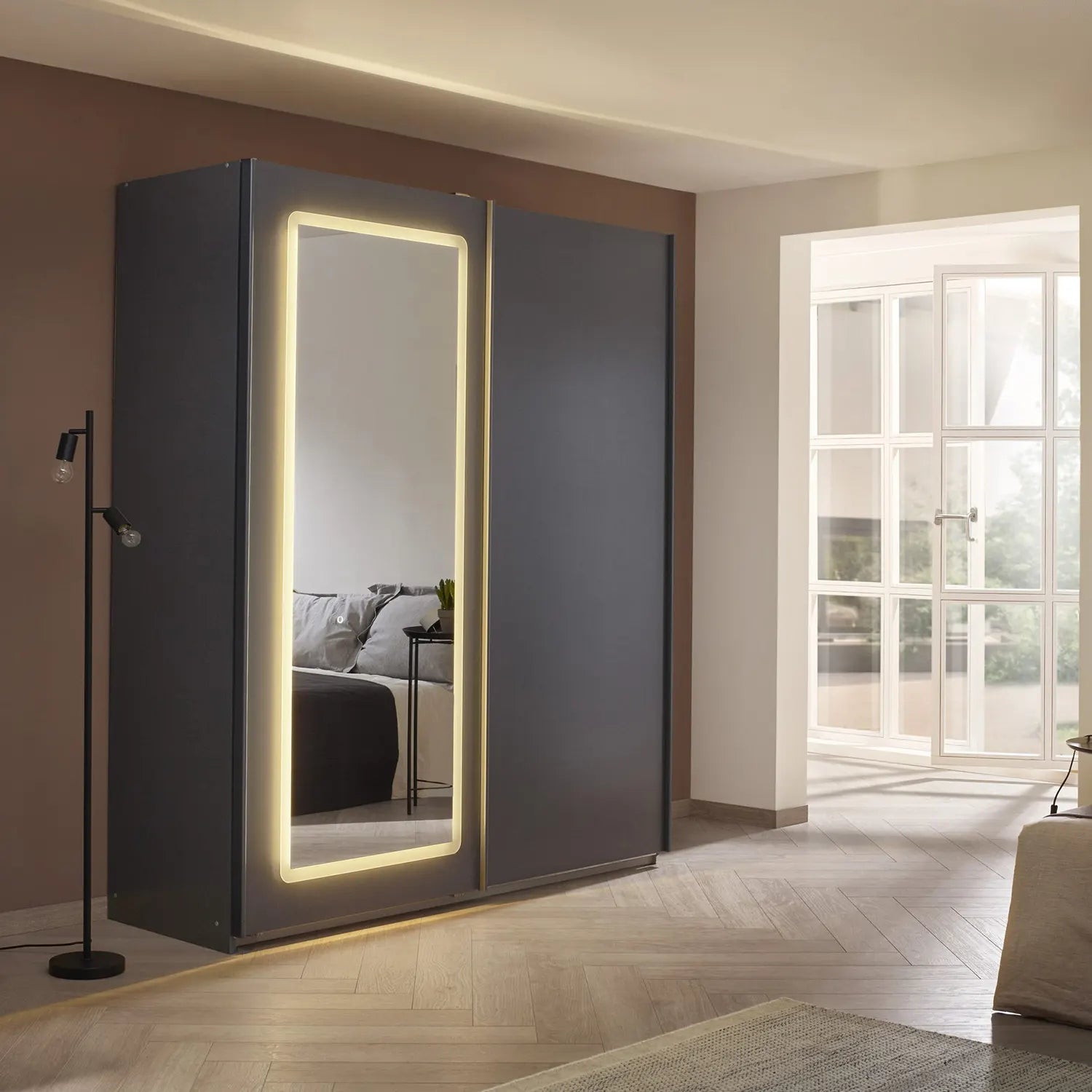 Rauch Serenity 181cm Metallic Grey Sliding Wardrobe with Mirror and LED Lighting