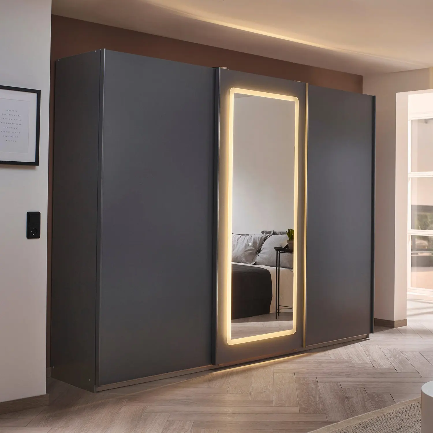 Serenity 271cm Large 3 Door Sliding Wardrobe with Mirror & LED Light - Metallic Grey