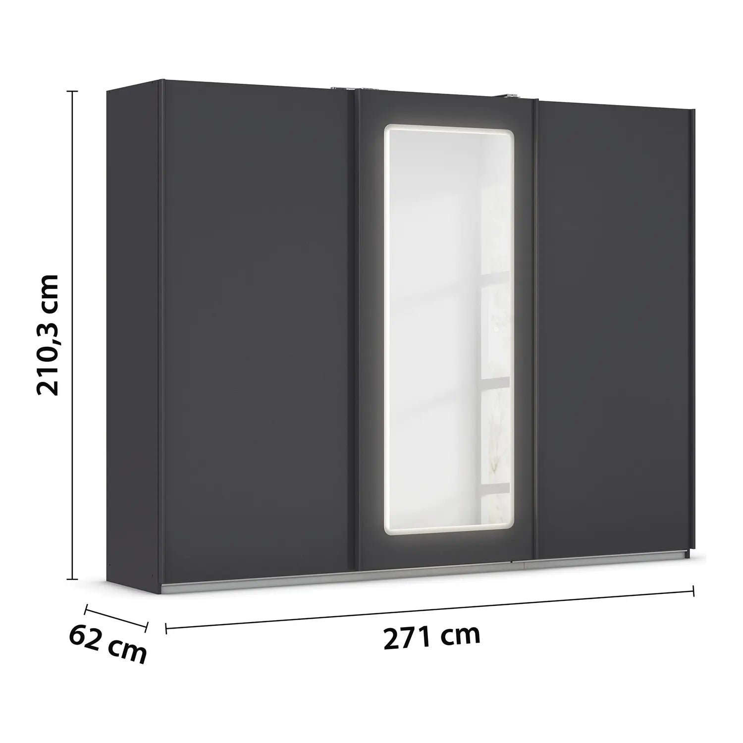 Serenity 271cm Large 3 Door Sliding Wardrobe with Mirror & LED Light - Metallic Grey