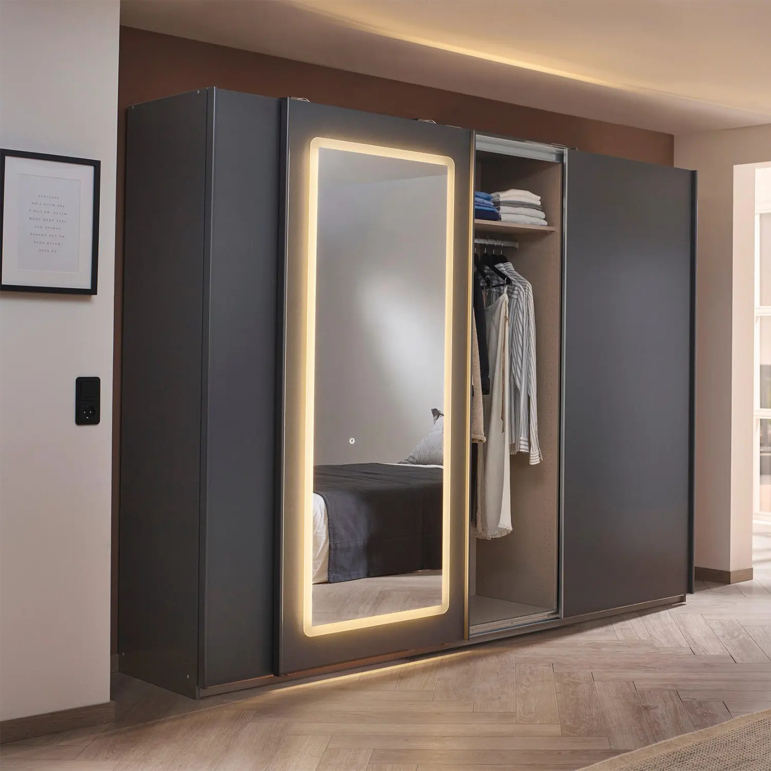 Serenity 271cm Large 3 Door Sliding Wardrobe with Mirror & LED Light - Metallic Grey