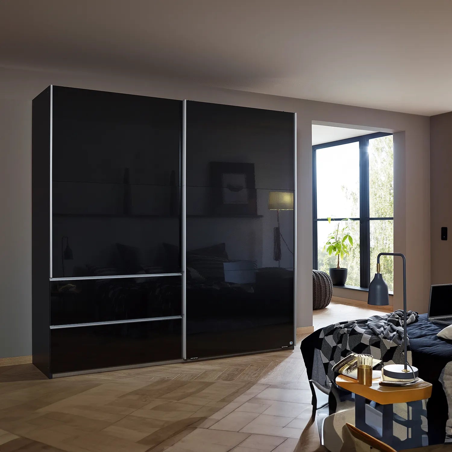 Elara Sliding Door Wardrobe with Drawers - Silver Handles