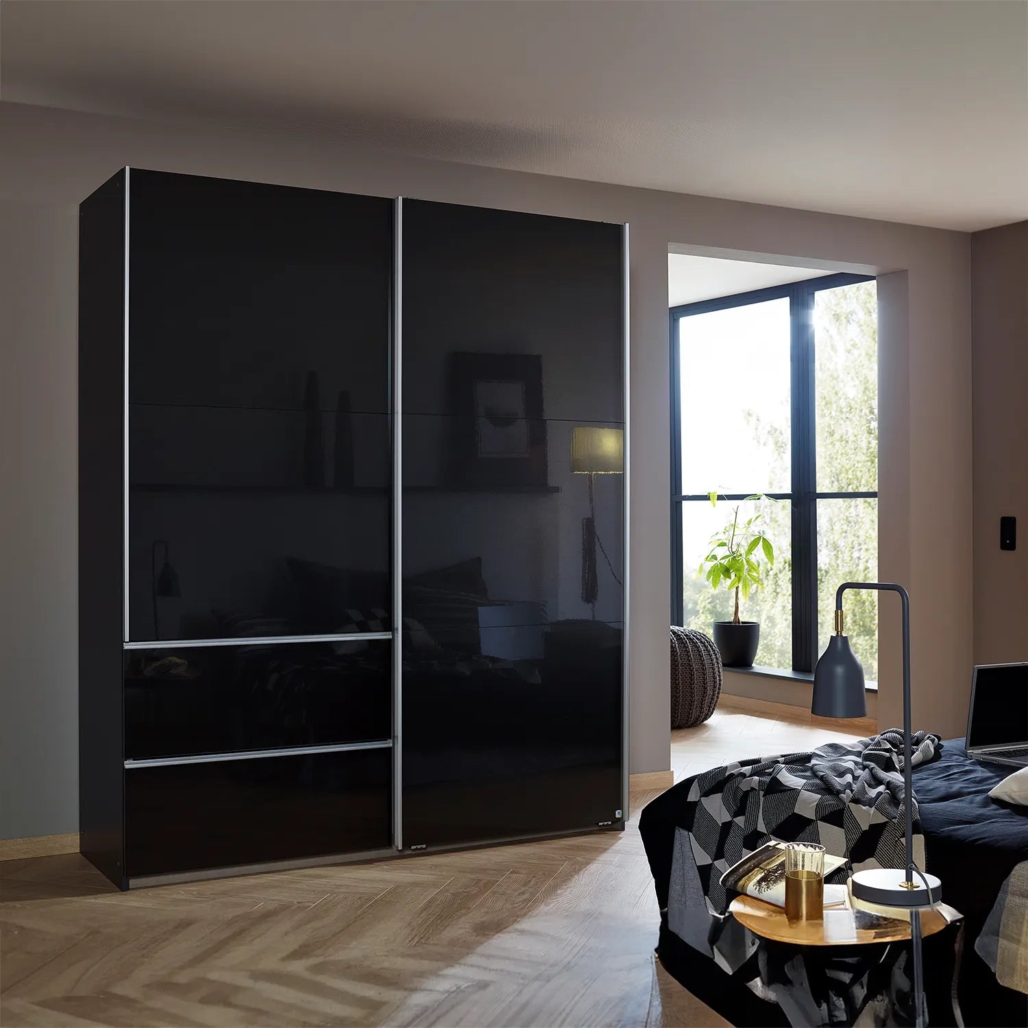 Elara Sliding Door Wardrobe with Drawers - Silver Handles