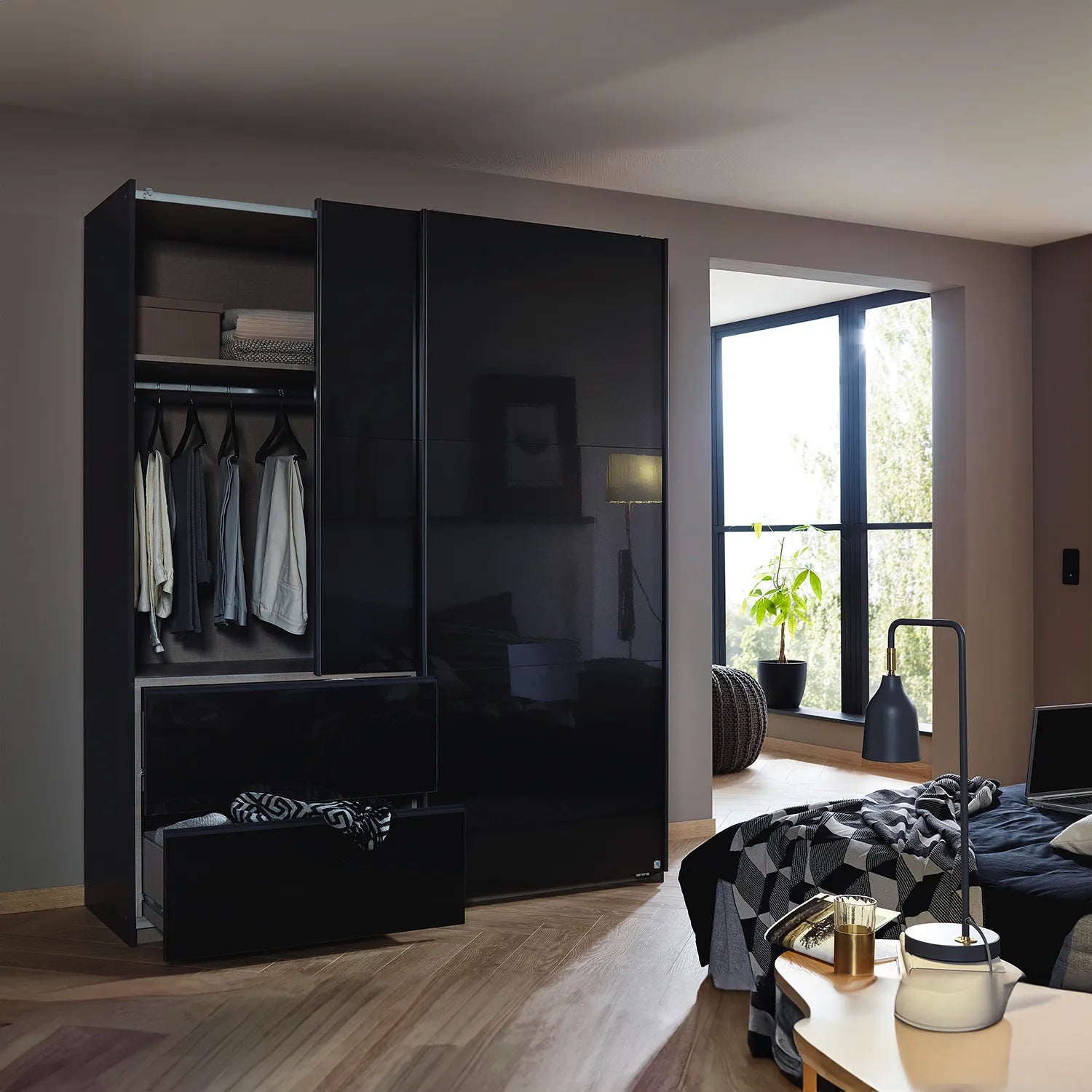 Elara Sliding Door Wardrobe with Drawers - Metallic Handles