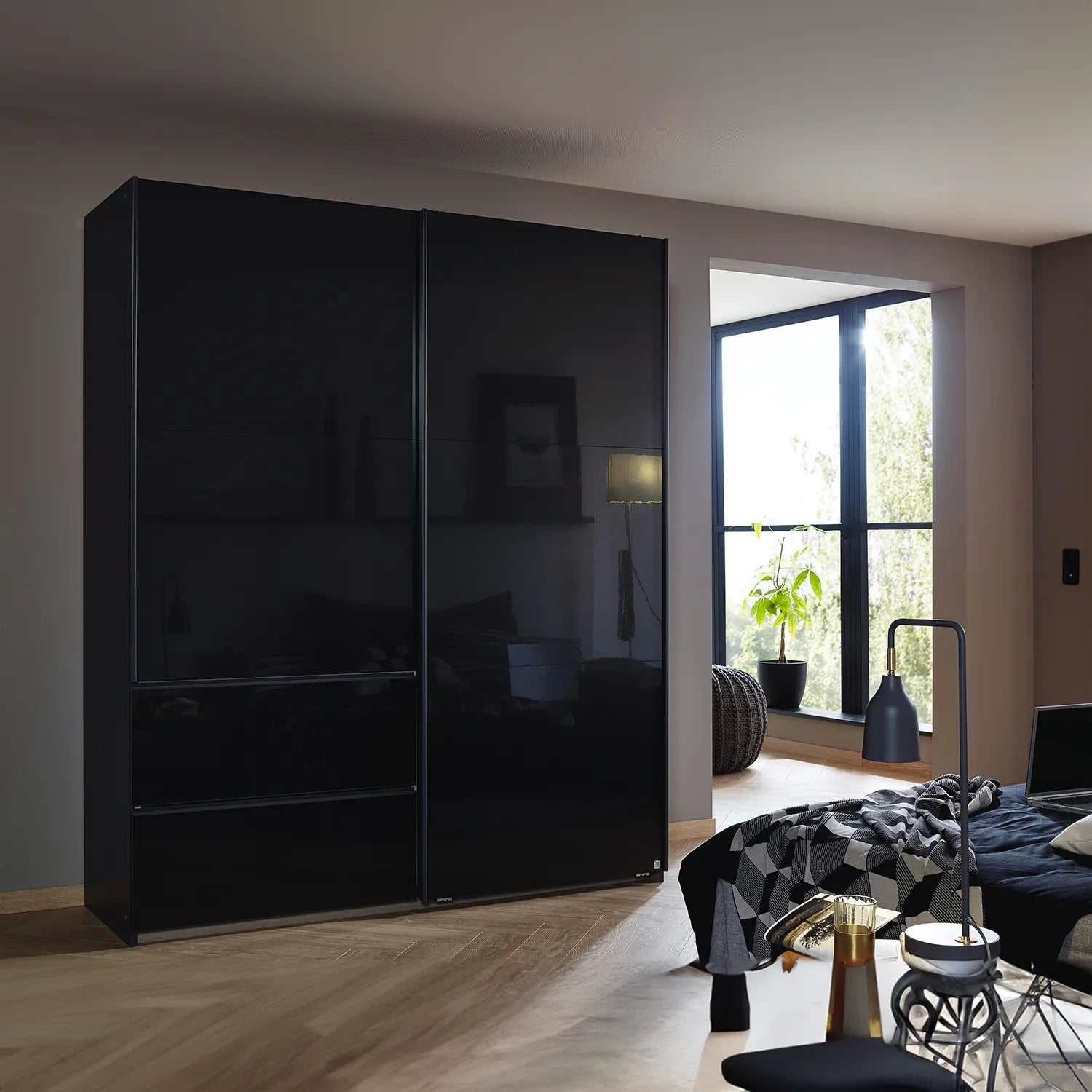 Elara Sliding Door Wardrobe with Drawers - Metallic Handles