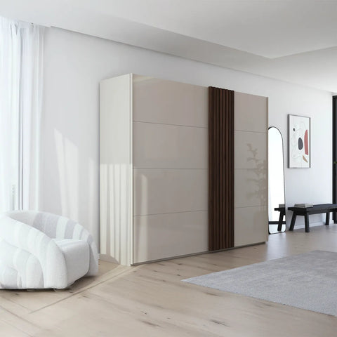 Rauch Tegra Fusion Champagne Glass and Walnut Oak 261cm Wide Sliding Door Wardrobe