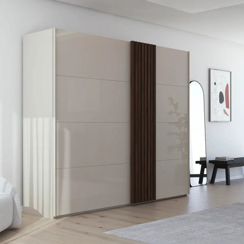 Rauch Tegio Fusion Champagne Glass and Walnut Oak Sliding Door Wardrobe