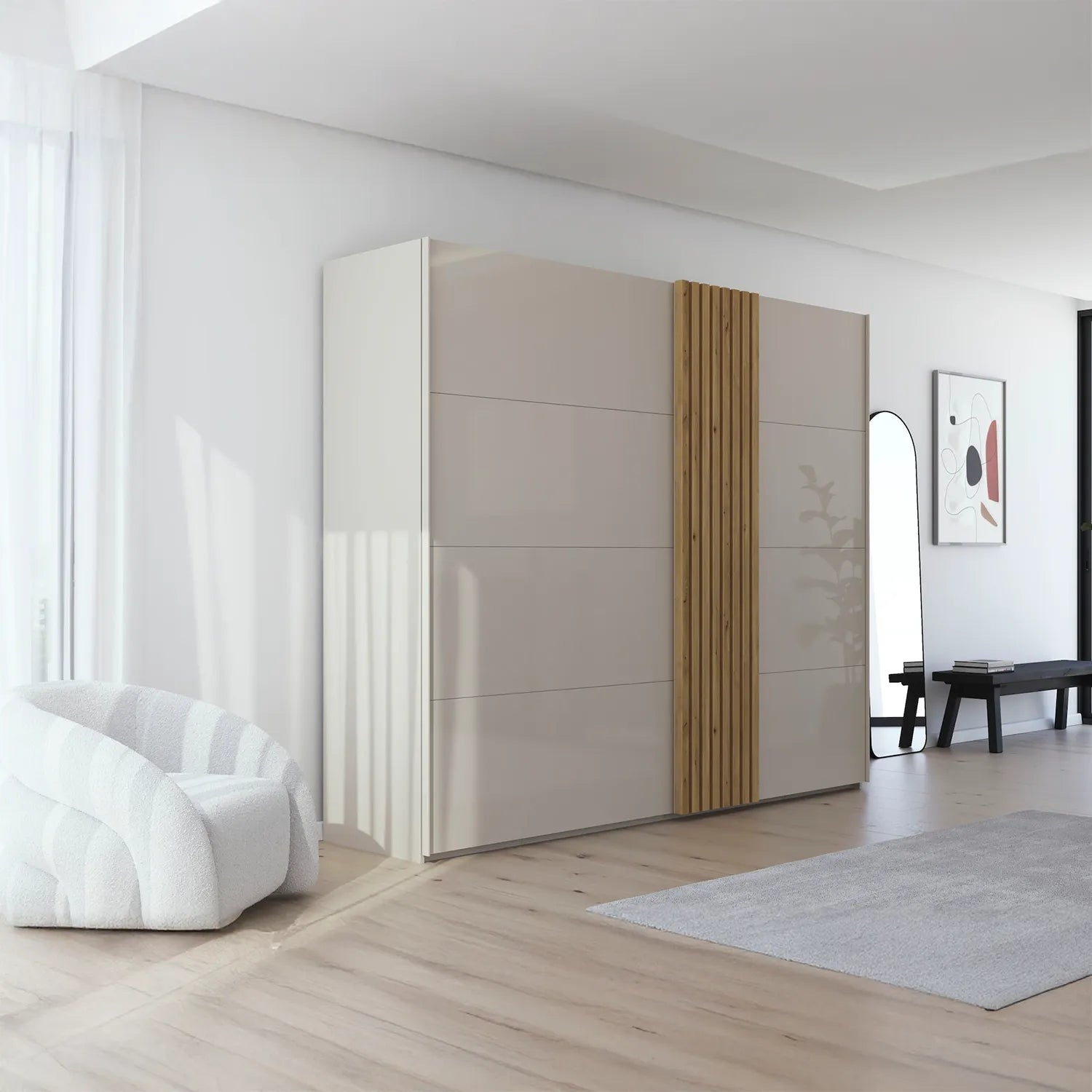 Rauch Tegra Fusion Modern Luxurious Large Champagne Glass and Wild Oak Sliding Door Wardrobe