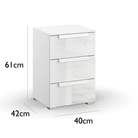 Rauch Perth 3 Drawer White Glass Bedside Table - Dimensions