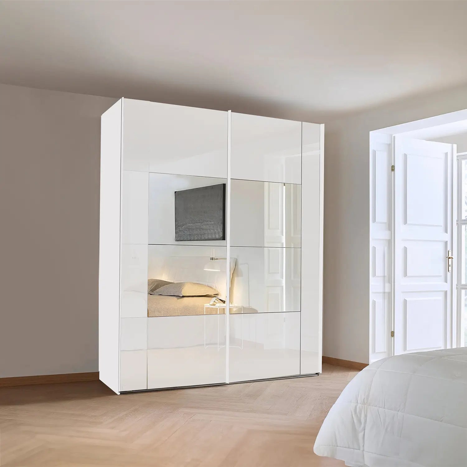 Rauch Rio Crystal White Glass And Mirror Front Sliding Door Wardrobe 