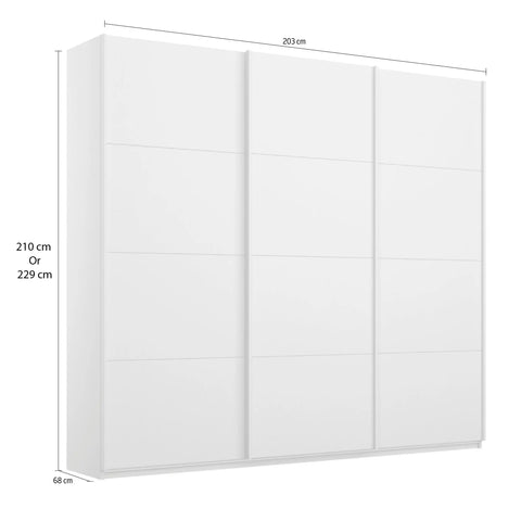 Rauch Forms 3 Door Sliding Wardrobe in Alpine White with Middle Mirror door and White Handles. Available in Small (203cm) and Large (271cm) widths, with options for 210cm or 229cm height. Designed for bedroom storage with customisable interior Pendle Village Furniture Wardrobes - Dimensions