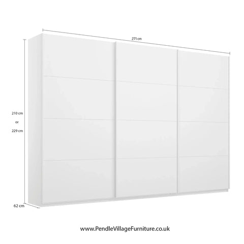 Rauch Forms 3 Door Sliding Wardrobe in Alpine White with Middle Mirror door and White Handles. Available in Small (203cm) and Large (271cm) widths, with options for 210cm or 229cm height. Designed for bedroom storage with customisable interior Pendle Village Furniture Wardrobes - Dimensions 271