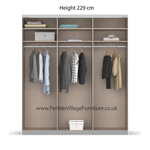 Rauch Forms Metallic Grey Sliding Wardrobe with customizable interior, elegant handles, and 10-year warranty. Free assembly and delivery by Pendle Village Furniture - Inside Interior