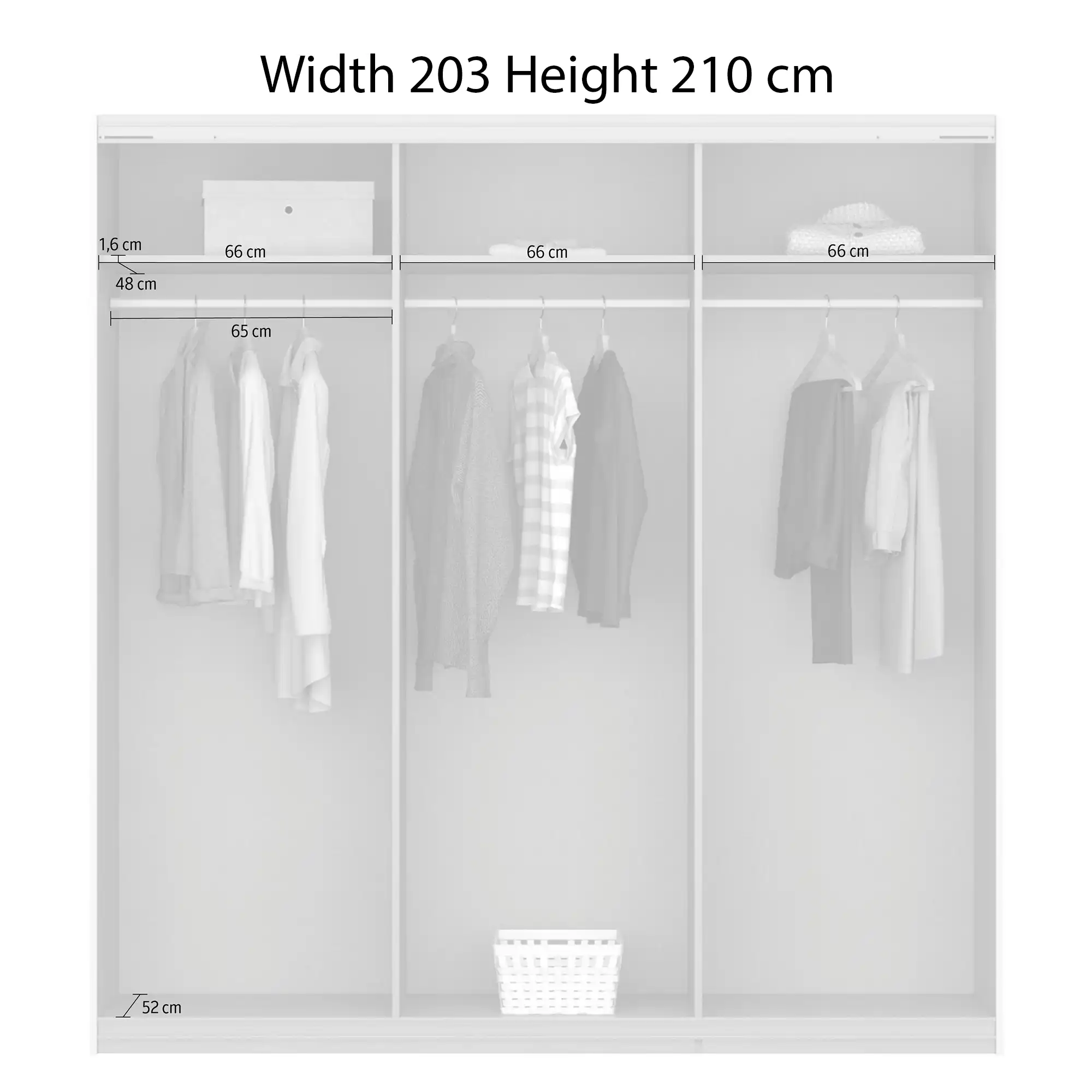 "Rauch Forms Decor Sliding Door Wardrobe in White, Available in 203cm and 271cm Width, 210cm and 229cm Height, 3 Sliding Doors, 62cm Depth, Free Assembly Included" - Interior dimension Details Width 203 Height 210 cm