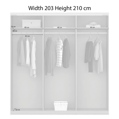 "Rauch Forms Decor Sliding Door Wardrobe in White, Available in 203cm and 271cm Width, 210cm and 229cm Height, 3 Sliding Doors, 62cm Depth, Free Assembly Included" - Interior dimension Details Width 203 Height 210 cm